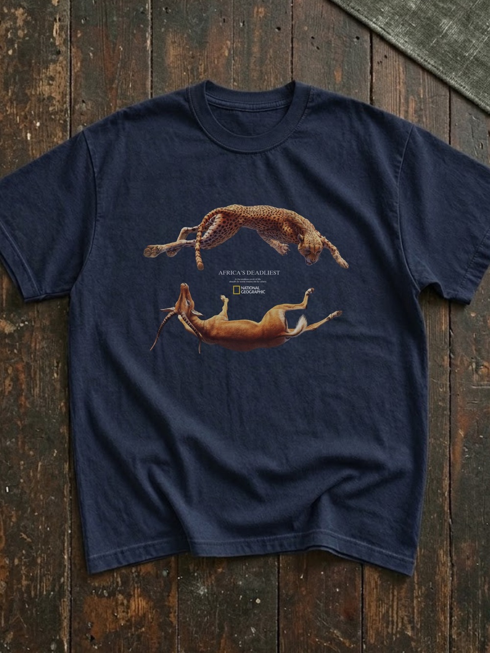 National Geographic Navy Tee with Cheetah and Antelope Graphic For Nature lovers